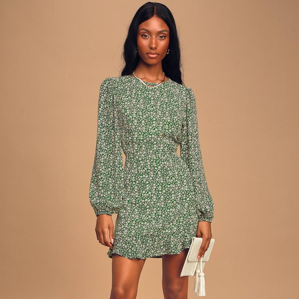 Lulus Blooming Darlin' Green Floral Print Ruffled Mini Dress